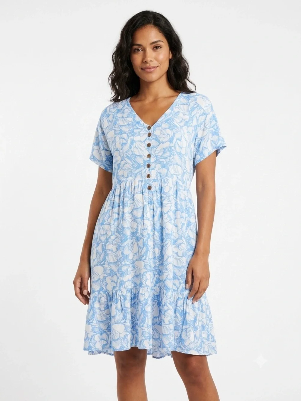 V-Neck Short Sleeve Blue Floral Midi Dress size S/M Summer vibes - Picture 1 of 4